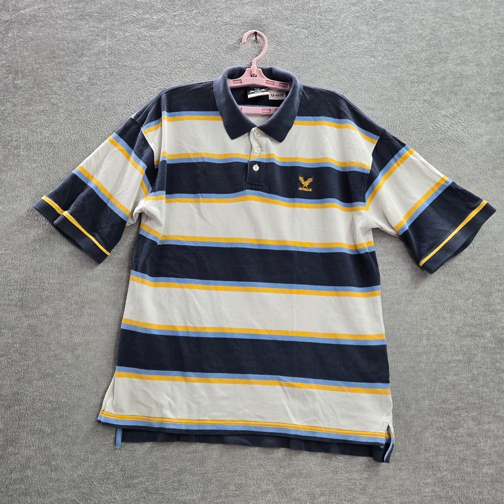 Avirex Men Polo Shirt Large Blue Striped‎ Logo Short Sleeve Collar Pullover